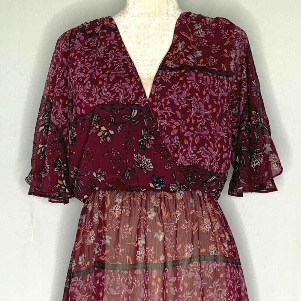 Everly Surplice Maxi Dress L Maroon Floral Butterfly Sleeve Empire Waist Sheer